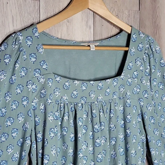 Lucky Brand Womens Large Square Neck Floral Blouse Cinched Cuffs Western - Picture 3 of 8